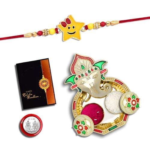 Rakhi For Brother Set Of 1 With Dish Silver Coin Greeting Card Rakhi For Brother And Bhabhi Rakhi With Gift For Brother Rakhi For Kids Rakhi Set Rakhi Combo (K1_274_aa3)
