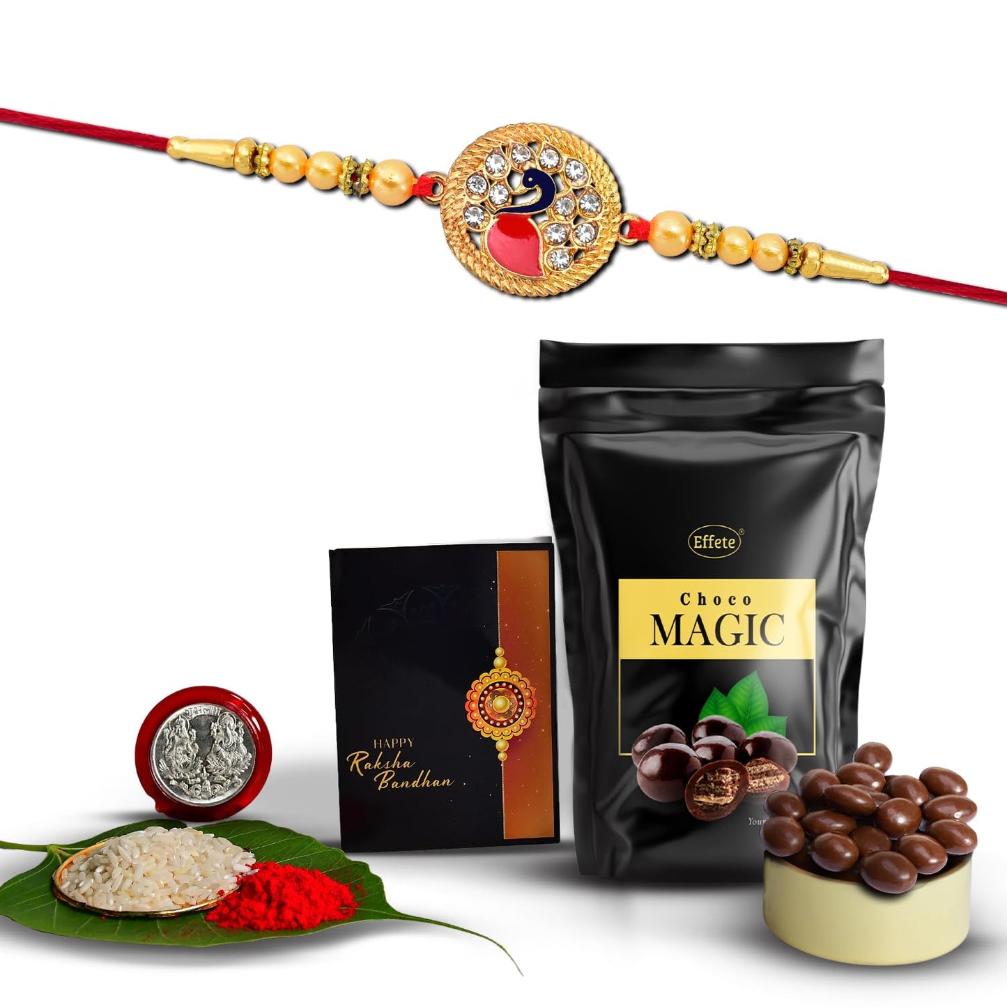 (K1_431_sm) Rakhi Combo With Choco Magic (Pouch) Pooja Coin Greeting Card Rakhi Gift Hamper Rakhi Chocolate For Brother Fancy Rakhis For Men Stylish Rakhi With Gift Rakhi Combo Rakhi Set Of 1 Rakhi Chocolate Gift Combo